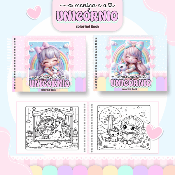 Livro de colorir tema Menina e Unicórnio